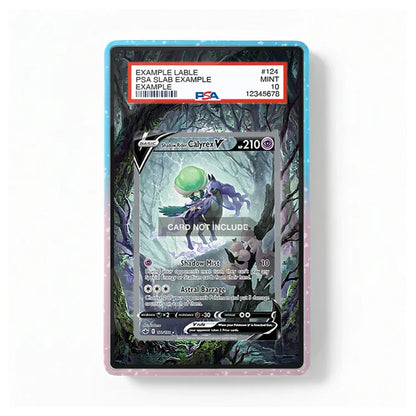 A collectible PSA graded PSA Slab card in a protective display sleeve, featuring a dark fantasy forest illustration with a purple creature and a green orb. The top of the card shows a red PSA slab label with grading details.