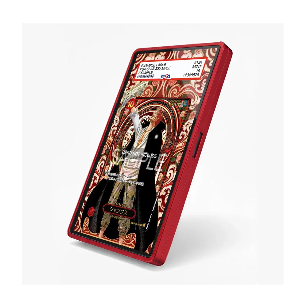 A red smartphone case shown at an angle on a light gray background, featuring a printed graphic design with a vampire illustration and Japanese text.