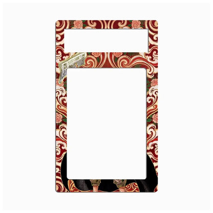 A decorative picture frame with a red, gold, and white traditional scrollwork border and floral details, shown on a plain white background.