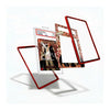 A set of custom acrylic display frames with red borders and ornate gold/red patterns, shown floating around a graded card on a clean white background.