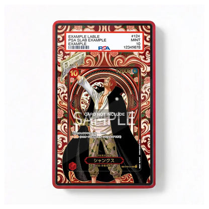 A PSA graded collectible card slab with a red border and a Japanese character illustration on a patterned red, gold, and black background. The top label shows PSA branding and example grading text, with a large translucent 'SAMPLE' watermark across the center.