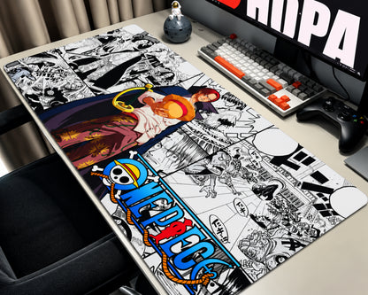 Shanks One Piece gaming mouse pad featuring a red-haired pirate holding a straw hat over a black-and-white manga collage with a colorful One Piece logo.