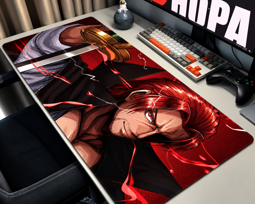 Shanks One Piece anime gaming mouse pad featuring crimson red hair, a piercing red eye, a dark pirate outfit, and red lightning effects.