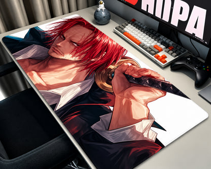 Shanks One Piece anime gaming mouse pad featuring red hair, a dark pirate outfit, and a sword against a clean white background.