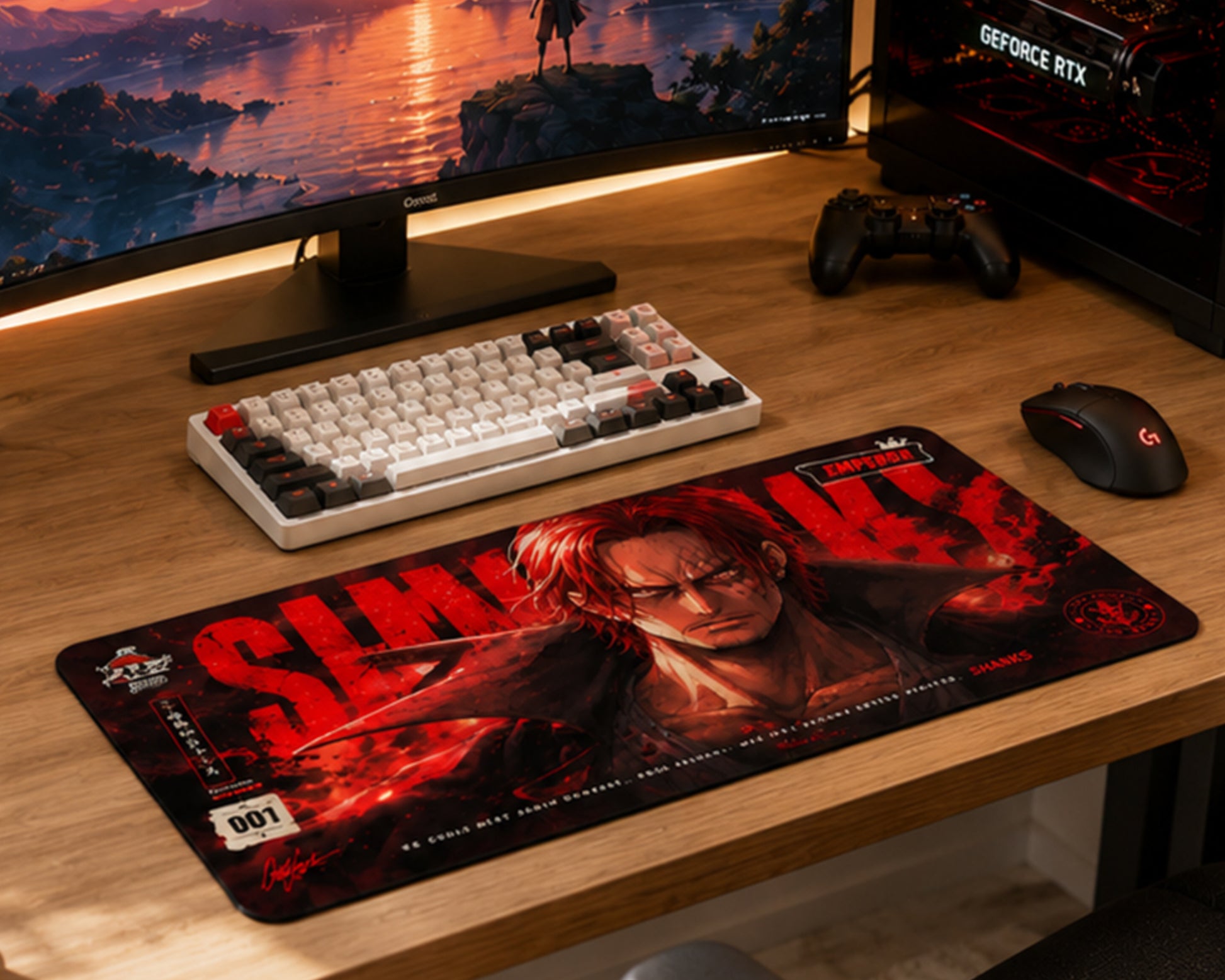 A large desk mat featuring a red and black anime-style character graphic with the word 'SIMULACRA' in bold red letters, shown on a wooden desk alongside a keyboard, mouse, controller, and monitor.