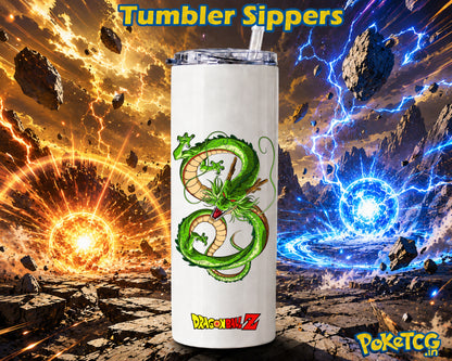White tumbler sipper featuring a detailed green Shenron dragon design with a Dragon Ball Z logo, displayed against a dramatic blue-and-orange lightning battle background.