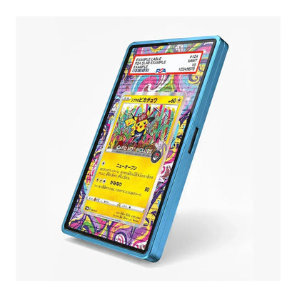 A blue protective phone case with a colorful graffiti-style pattern, shown on a smartphone displaying a Pokémon card. The case is photographed on a clean, light gray background.