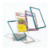 A clear acrylic display card holder with a translucent blue frame, shown holding a graded Pokémon TCG card and several colorful patterned insert panels on a white background.