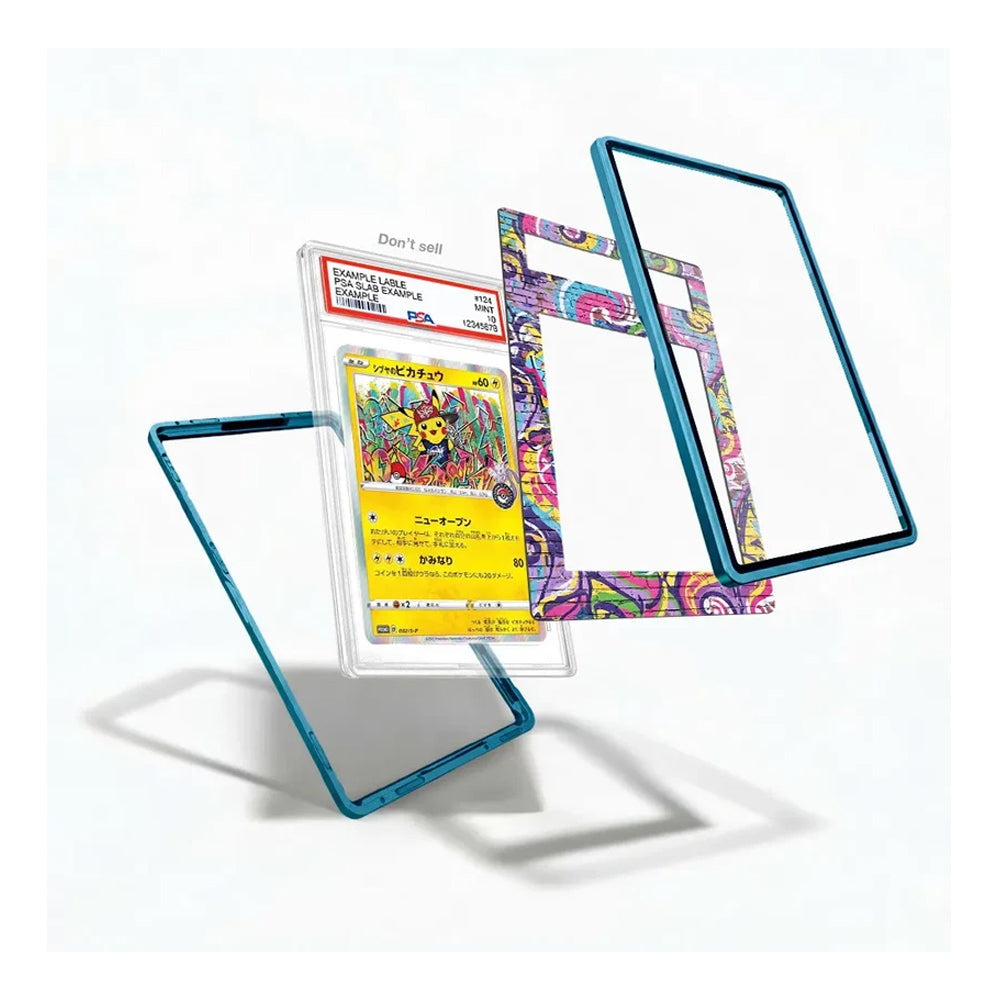 A clear acrylic display card holder with a translucent blue frame, shown holding a graded Pokémon TCG card and several colorful patterned insert panels on a white background.