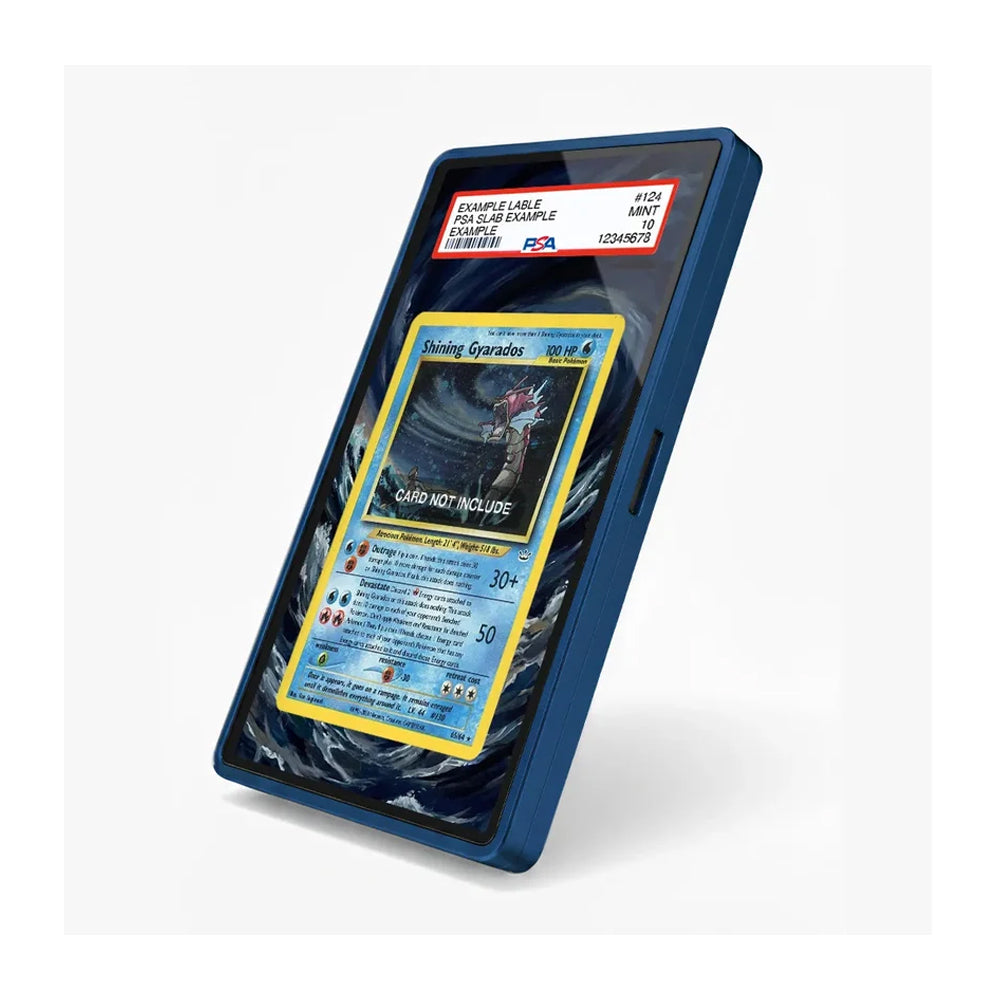 A PSA-graded trading card in a blue protective slab, shown at an angle on a light gray background. The card features a blue and yellow design with a visible PSA grading label at the top.