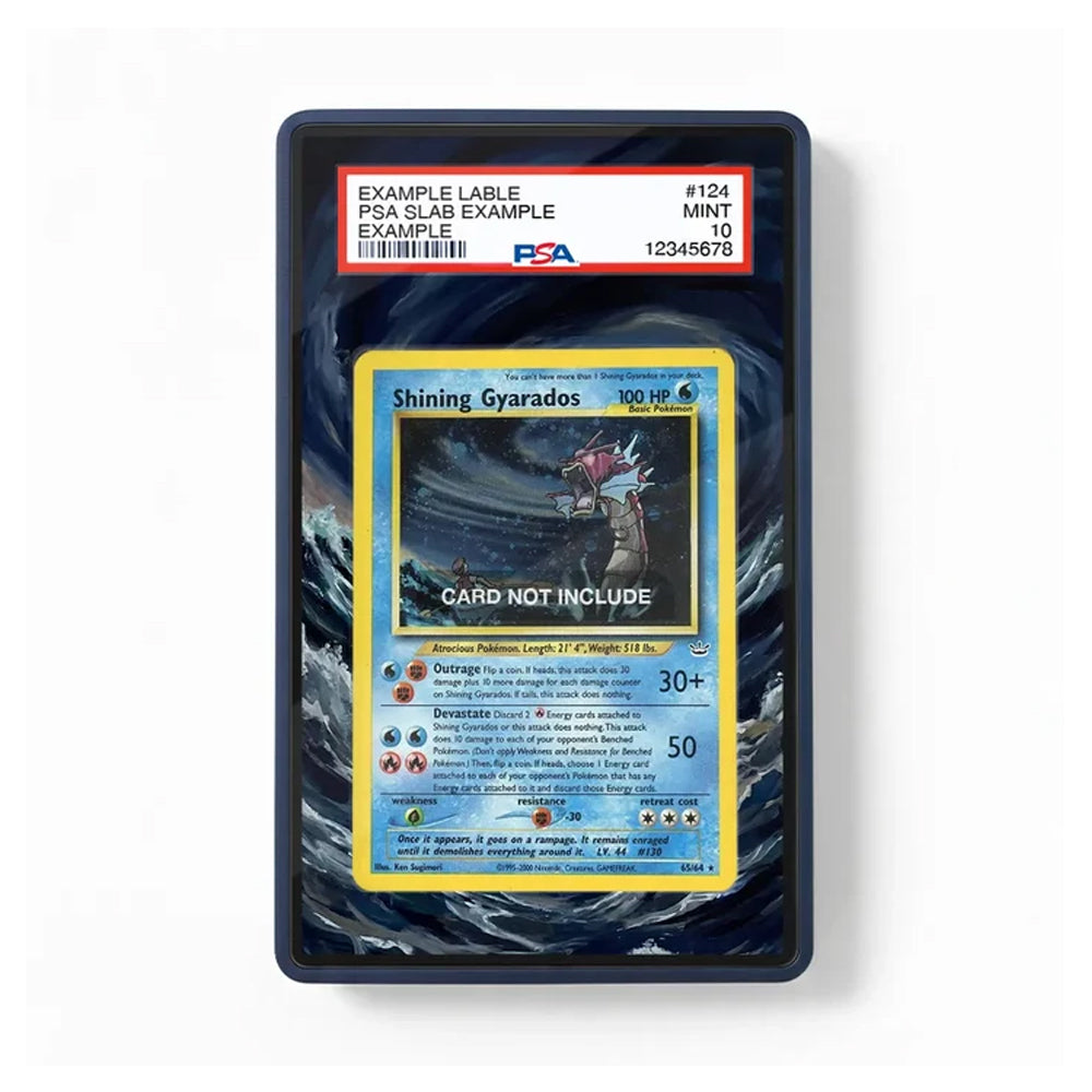 A PSA graded sample Pokémon trading card slab showing a Shining Gyarados card, with the slab itself in a dark frame against a plain white background.