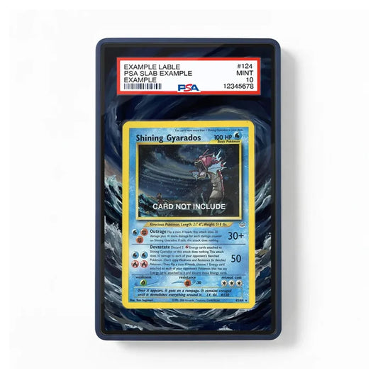 A PSA graded sample Pokémon trading card slab showing a Shining Gyarados card, with the slab itself in a dark frame against a plain white background.