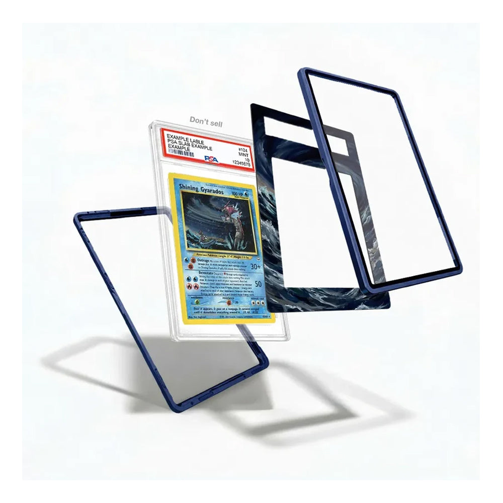 A clear acrylic display card holder with a dark blue border, shown in multiple angles with a graded Pokémon trading card inside. The card holder is displayed floating against a clean white background with soft shadows.