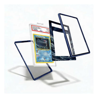 A clear acrylic display card holder with a dark blue border, shown in multiple angles with a graded Pokémon trading card inside. The card holder is displayed floating against a clean white background with soft shadows.