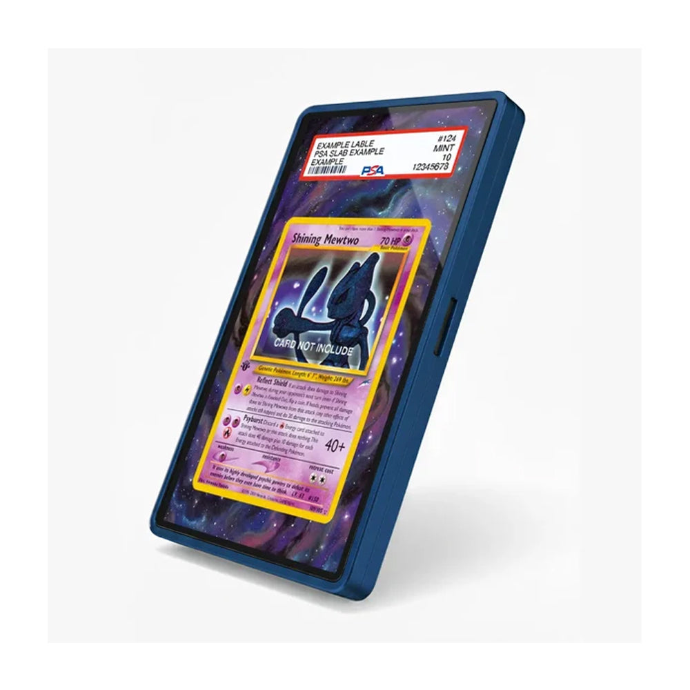 A dark blue protective phone case shown at an angle, featuring a custom screen protector with a holographic Pokémon trading card design over a purple galaxy wallpaper.