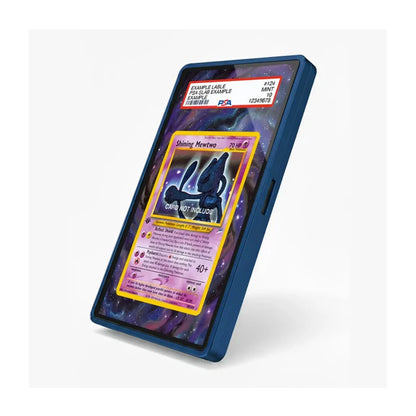 A dark blue protective phone case shown at an angle, featuring a custom screen protector with a holographic Pokémon trading card design over a purple galaxy wallpaper.