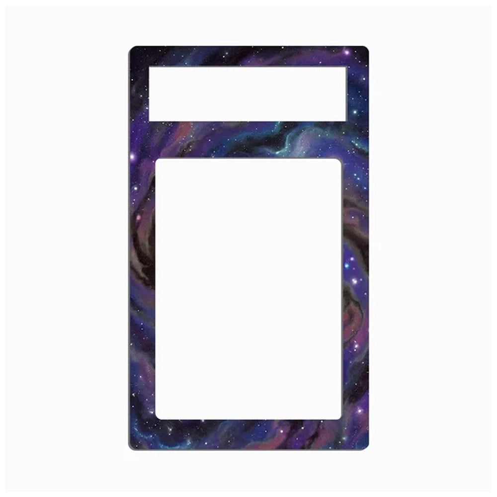 A rectangular decorative plate or cover with a galaxy nebula print in purple, blue, and black, featuring two cutouts on a plain white background.