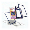 A set of custom protective card cases shown floating against a white background, with one case displaying a graded Pokémon TCG card inside. The cases feature a dark blue border and a purple galaxy pattern on the back.