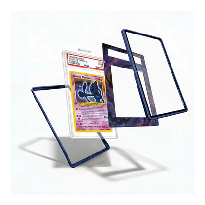 A set of custom protective card cases shown floating against a white background, with one case displaying a graded Pokémon TCG card inside. The cases feature a dark blue border and a purple galaxy pattern on the back.