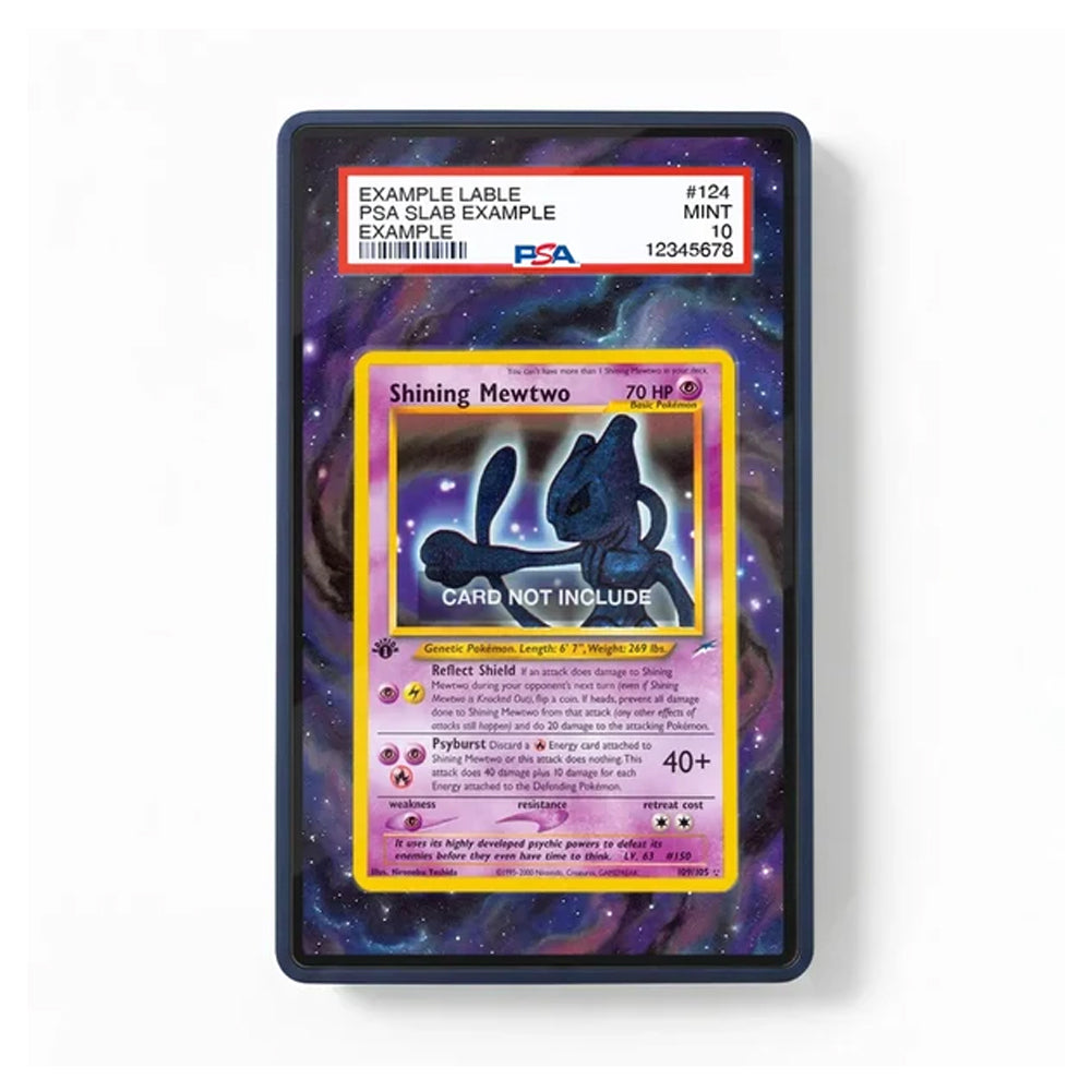 A PSA graded holographic Pokémon card featuring Shining Mewtwo, displayed in a clear protective case with a black border. The top of the card has a PSA grading label, and the center shows a placeholder graphic with the text 'CARD NOT INCLUDE'.