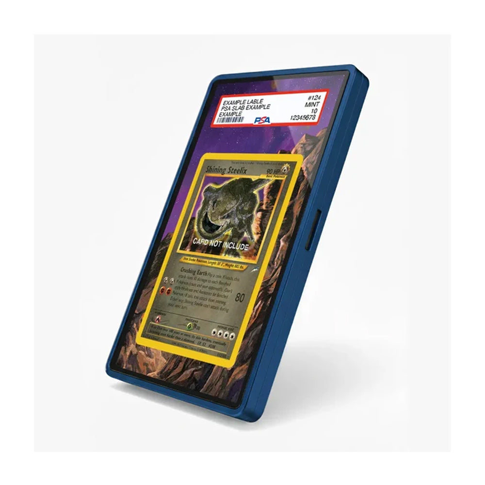 A blue protective case for a smartphone, shown at an angle on a light gray background. The screen displays a sample Pokémon trading card insert with a PSA grading label at the top.