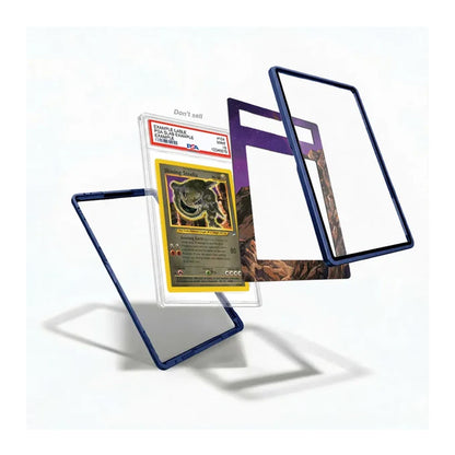 A clear protective card case with a dark blue border shown in multiple angles, with a graded Pokémon card inserted as a demonstration, on a clean white background.
