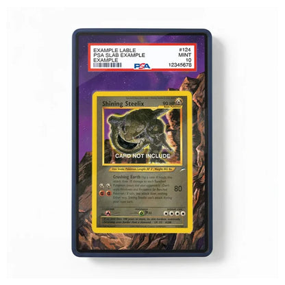 A collectible Pokémon trading card in a PSA slab, featuring a Shining Steelix card. The slab has a purple and brown scenic border, and the PSA grading label at the top reads 'EXAMPLE LABLE' with a 'PSA' logo.
