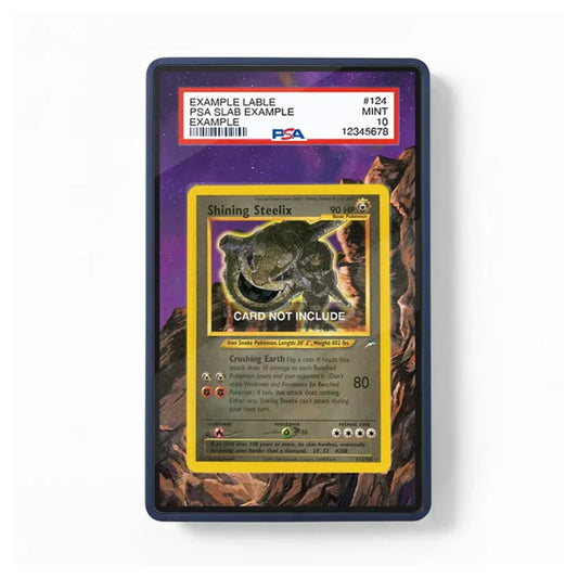 A collectible Pokémon trading card in a PSA slab, featuring a Shining Steelix card. The slab has a purple and brown scenic border, and the PSA grading label at the top reads 'EXAMPLE LABLE' with a 'PSA' logo.