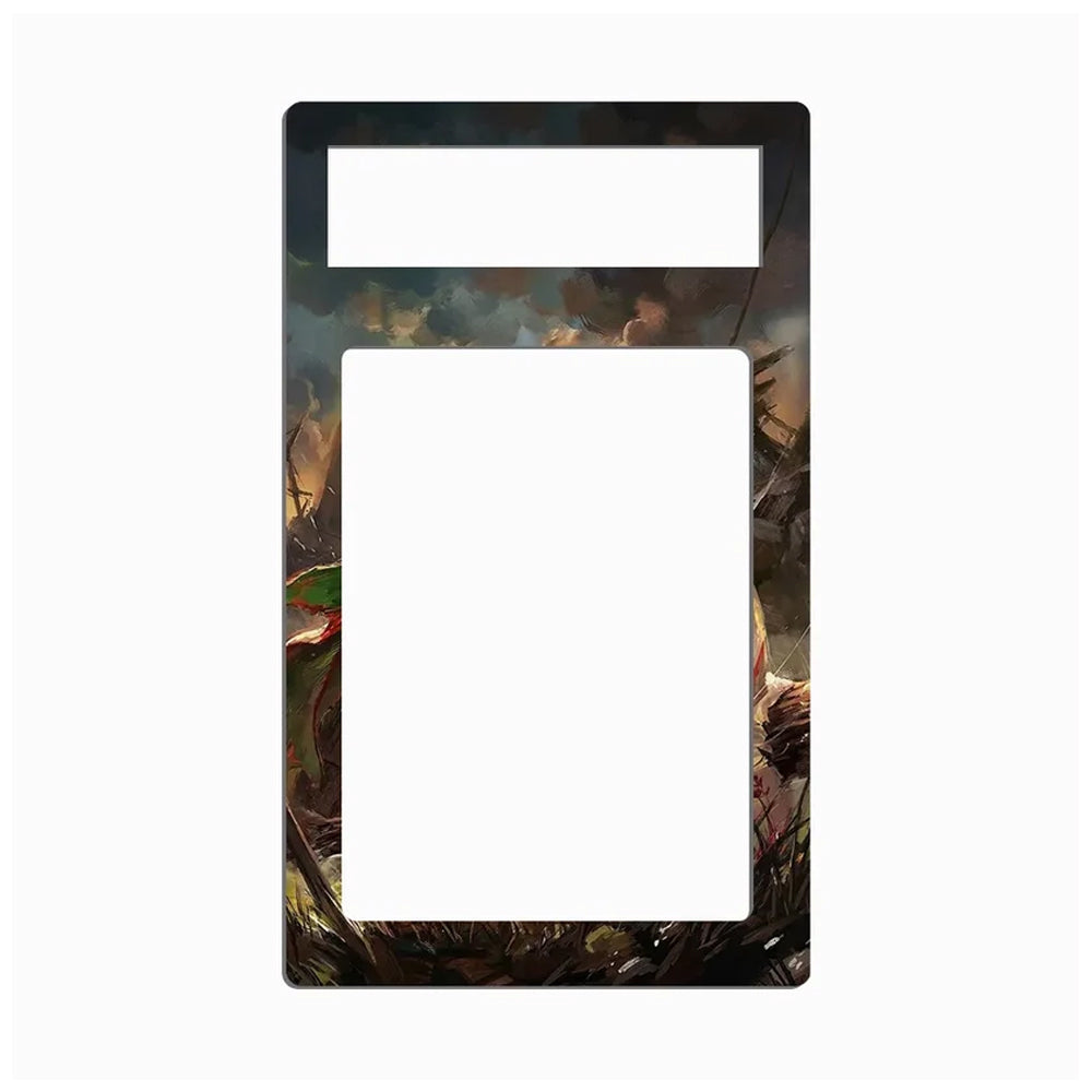 A decorative rectangular frame or border with rounded corners, featuring a dark fantasy illustration along the outer edge and a large blank white center cutout, shown on a light gray background.
