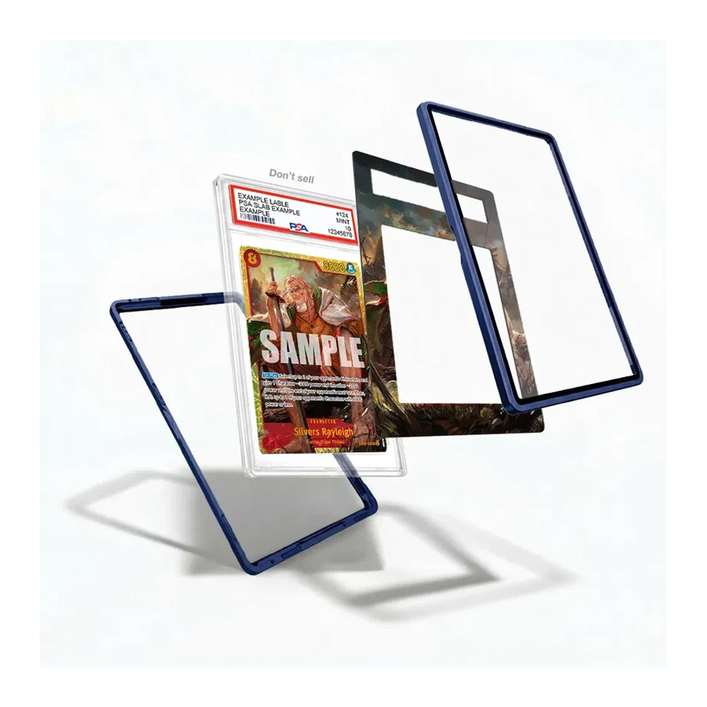 Three transparent acrylic card protectors with dark blue borders are shown floating around a graded sample card on a clean white background.