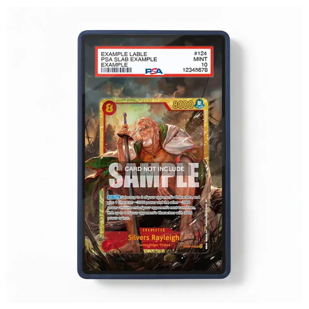 A PSA graded sample trading card in a dark blue slab, showing an illustrated card labeled 'Silver's Rysleigh' with a large 'SAMPLE' watermark across the front. The PSA label is visible at the top, and the slab is photographed on a clean white background.