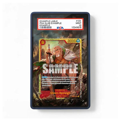 A PSA graded sample trading card in a dark blue slab, showing an illustrated card labeled 'Silver's Rysleigh' with a large 'SAMPLE' watermark across the front. The PSA label is visible at the top, and the slab is photographed on a clean white background.