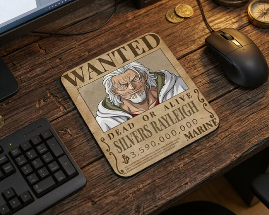 One Piece Silvers Rayleigh wanted poster anime mouse pad on a rustic wooden gaming desk with mechanical keyboard, vintage pirate aesthetic, and dark workspace setup