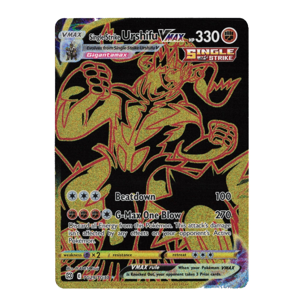 A holographic Pokémon trading card featuring Urshifu Vax, a Single Strike type card with a black background and gold/red foil artwork.