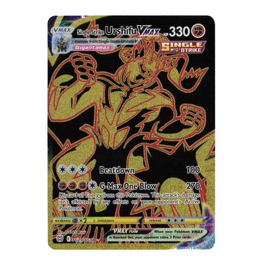 A holographic Pokémon trading card featuring Urshifu Vax, a Single Strike type card with a black background and gold/red foil artwork.