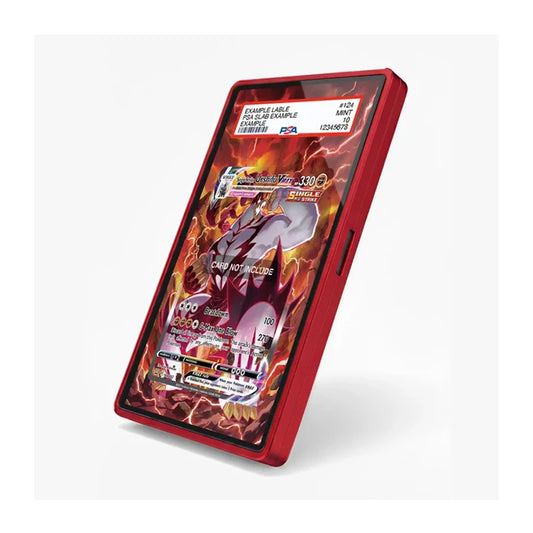 A red protective smartphone case with a printed flame-and-charm artwork on the back, shown standing upright at an angle on a light gray background.
