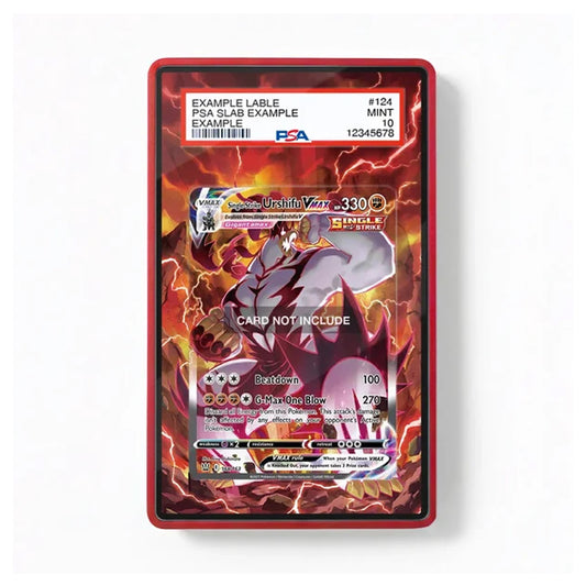 A red protective card slab containing a Pokémon trading card, shown against a plain white background. The slab has a clear top and a red border, with a sample label at the top containing PFA branding and card details.