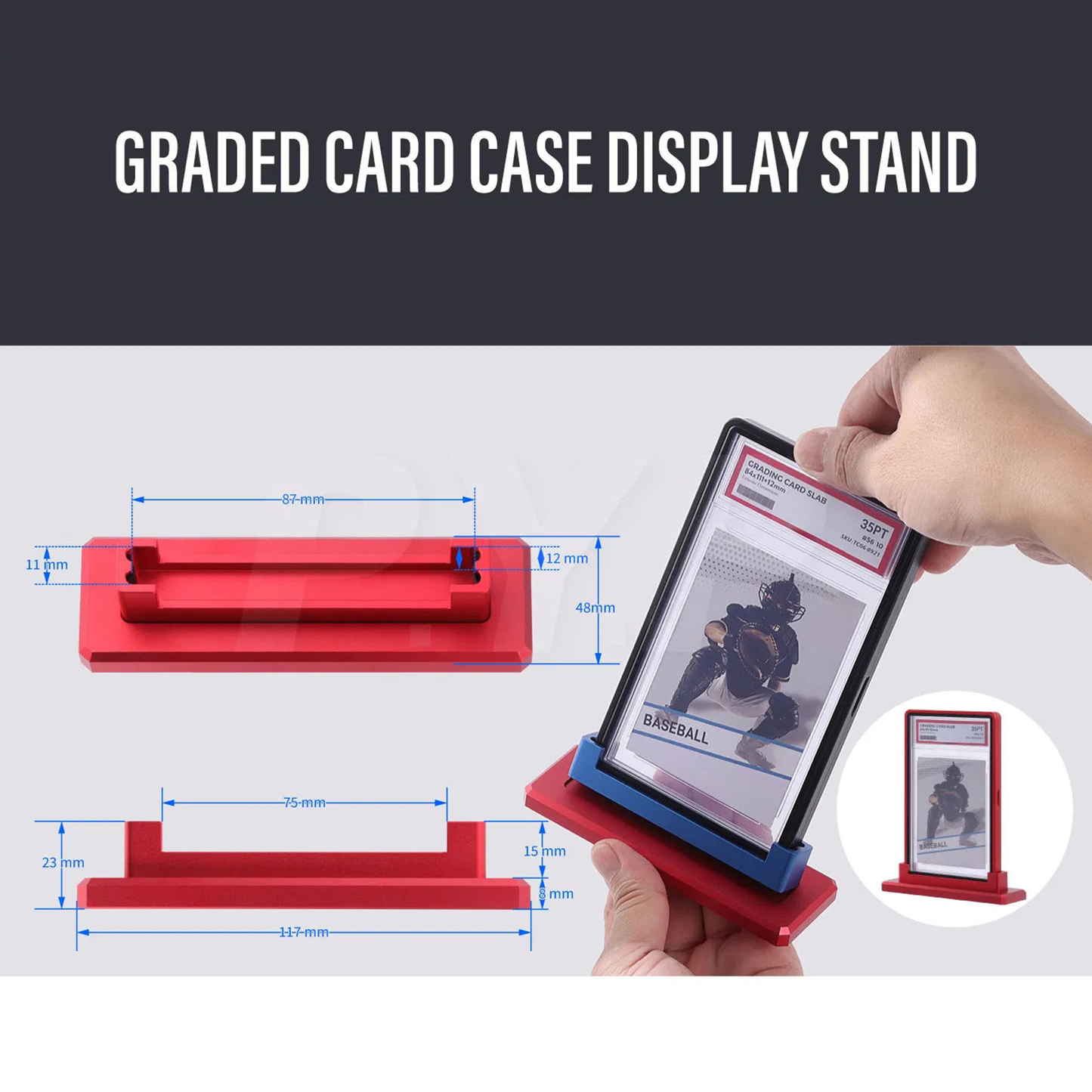 Graded card case display stand with dimensions and usage demonstration on a white background