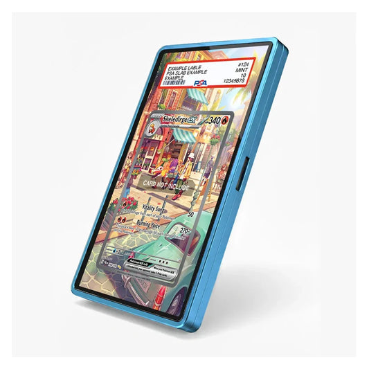 A blue protective phone case shown on a smartphone, featuring a printed retro Pokémon trading card design on the screen, set against a clean white background.
