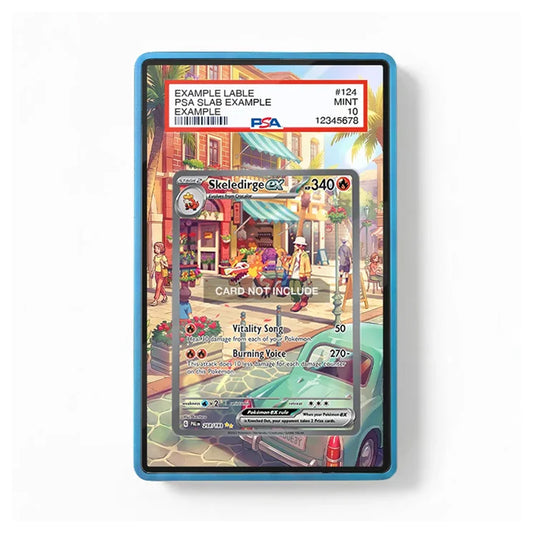 A rectangular blue-framed display card or sample slab containing a printed illustrated street scene and a large mock trading card overlay, photographed against a plain white background. Visible text includes 'EXAMPLE LABLE', 'PGA SLAB EXAMPLE', and 'PEA'.