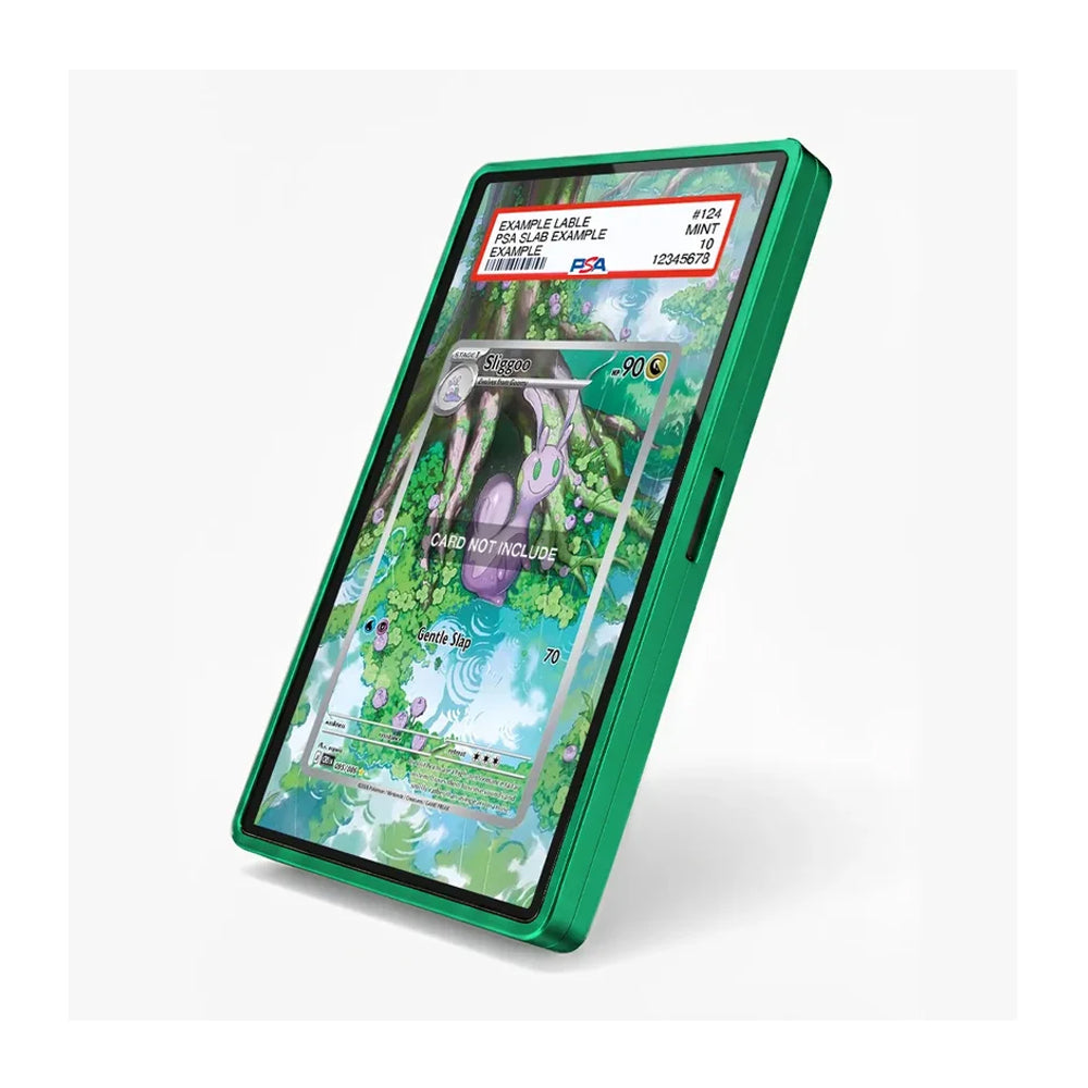 A green protective phone case with a transparent screen protector, shown on a smartphone displaying a colorful card game screen. The case is photographed at an angle against a clean white background.