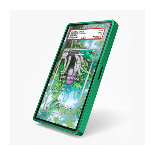 A green protective phone case with a transparent screen protector, shown on a smartphone displaying a colorful card game screen. The case is photographed at an angle against a clean white background.