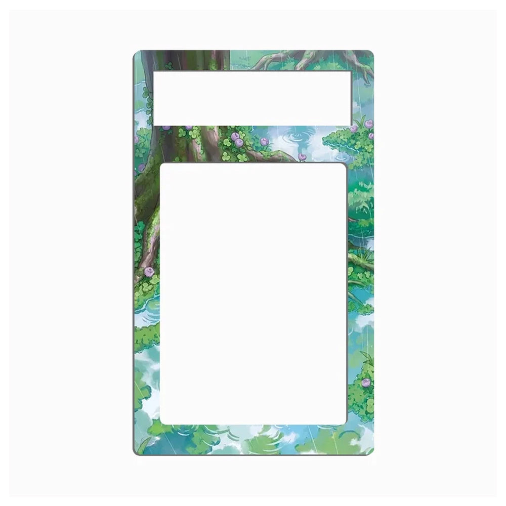 A decorative picture frame with a colorful forest illustration featuring green trees, blue water, and white clouds, shown on a solid white background.