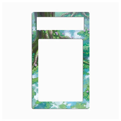 A decorative picture frame with a colorful forest illustration featuring green trees, blue water, and white clouds, shown on a solid white background.
