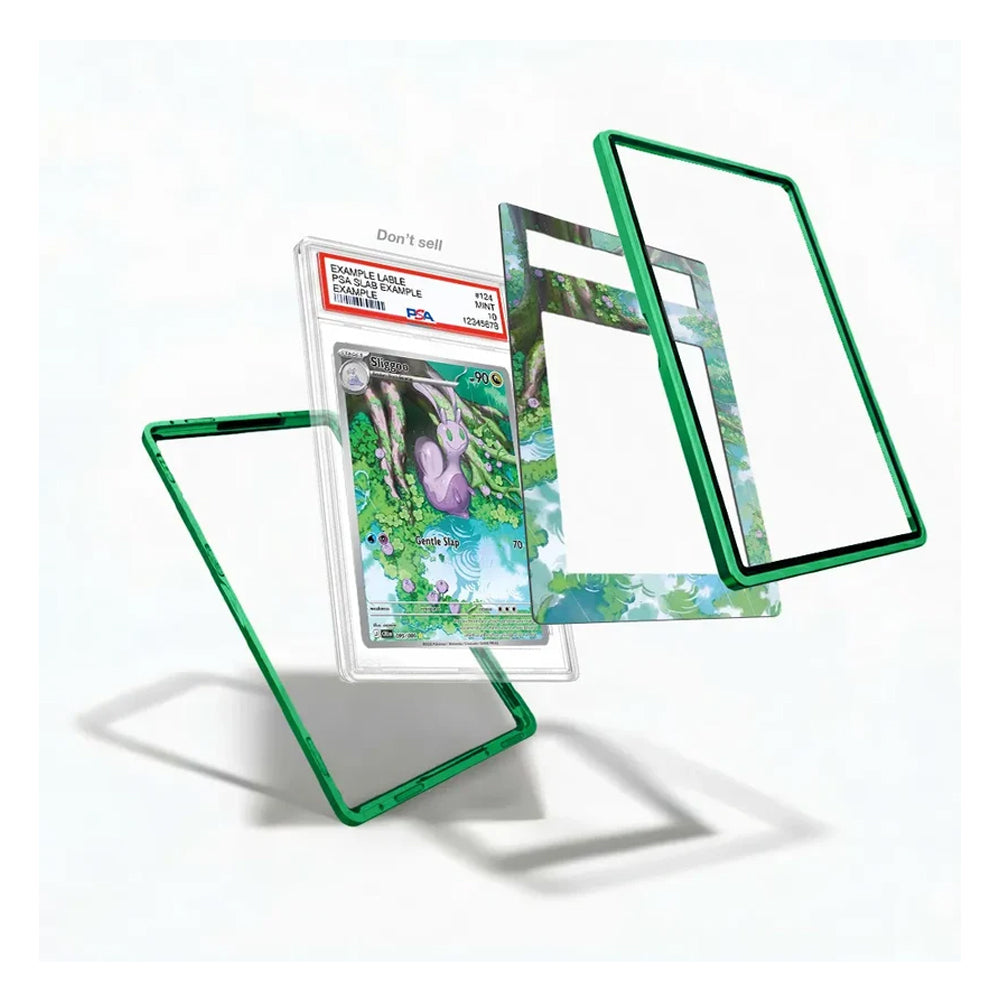 Three clear acrylic card protectors with green borders are shown floating around a graded Pokémon TCG card in a clear slab on a white background.