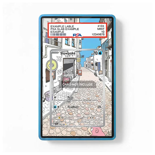 A rectangular PSA slab for a Pokémon trading card, featuring a colorful illustrated street scene on the front. The slab has a blue border and a clear window showing a card underneath, with a red and white PSA certification label at the top.