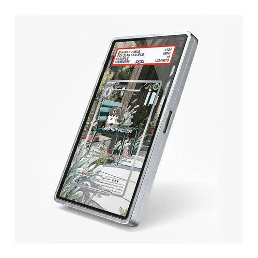 A slim rectangular tablet or e-reader device with a silver-gray metallic frame, shown at an angle on a light gray background. The screen displays a sample catalog page with a red header and a botanical illustration.