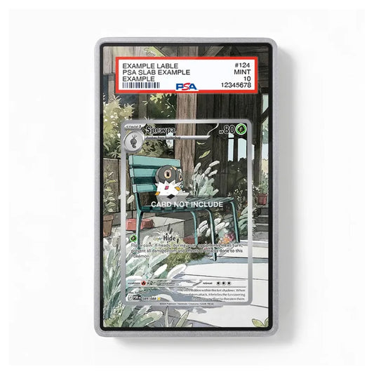 A PSA graded sample collectible card slab on a clean white background. The slab contains a printed illustrated card featuring a penguin character in a garden scene, with a red and white PSA label at the top and a clear protective case border around the entire slab.