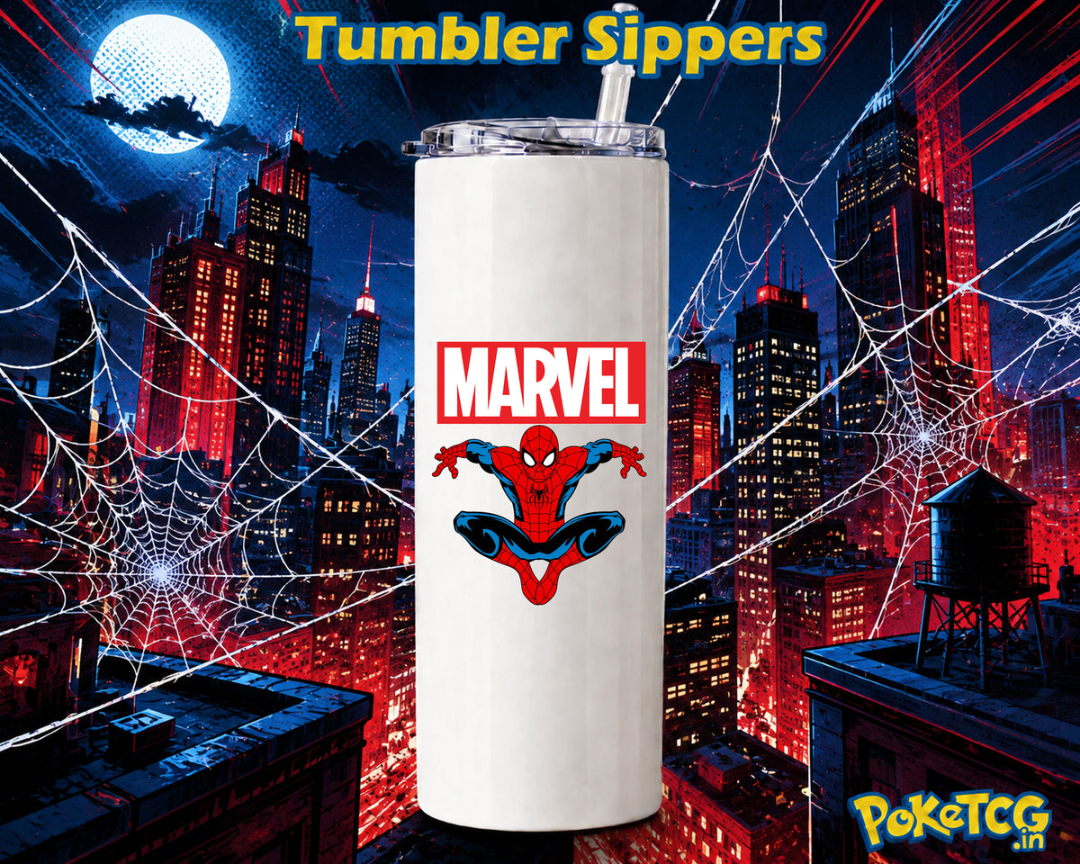 White 20 oz tumbler sipper featuring a dynamic Spider-Man jumping pose with Marvel branding, displayed against a dramatic red-and-blue city skyline with spider webs.