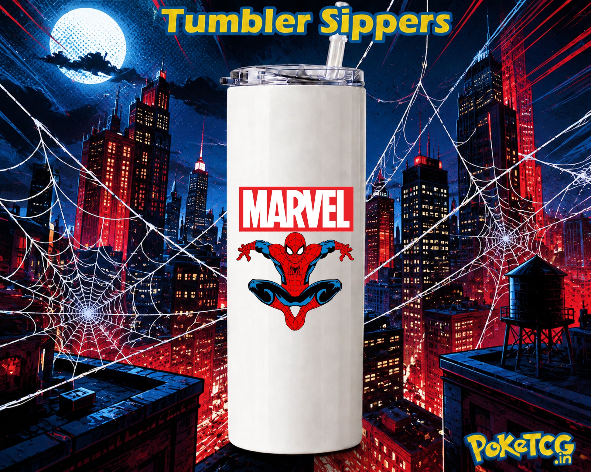 White 20 oz tumbler sipper featuring a dynamic Spider-Man jumping pose with Marvel branding, displayed against a dramatic red-and-blue city skyline with spider webs.